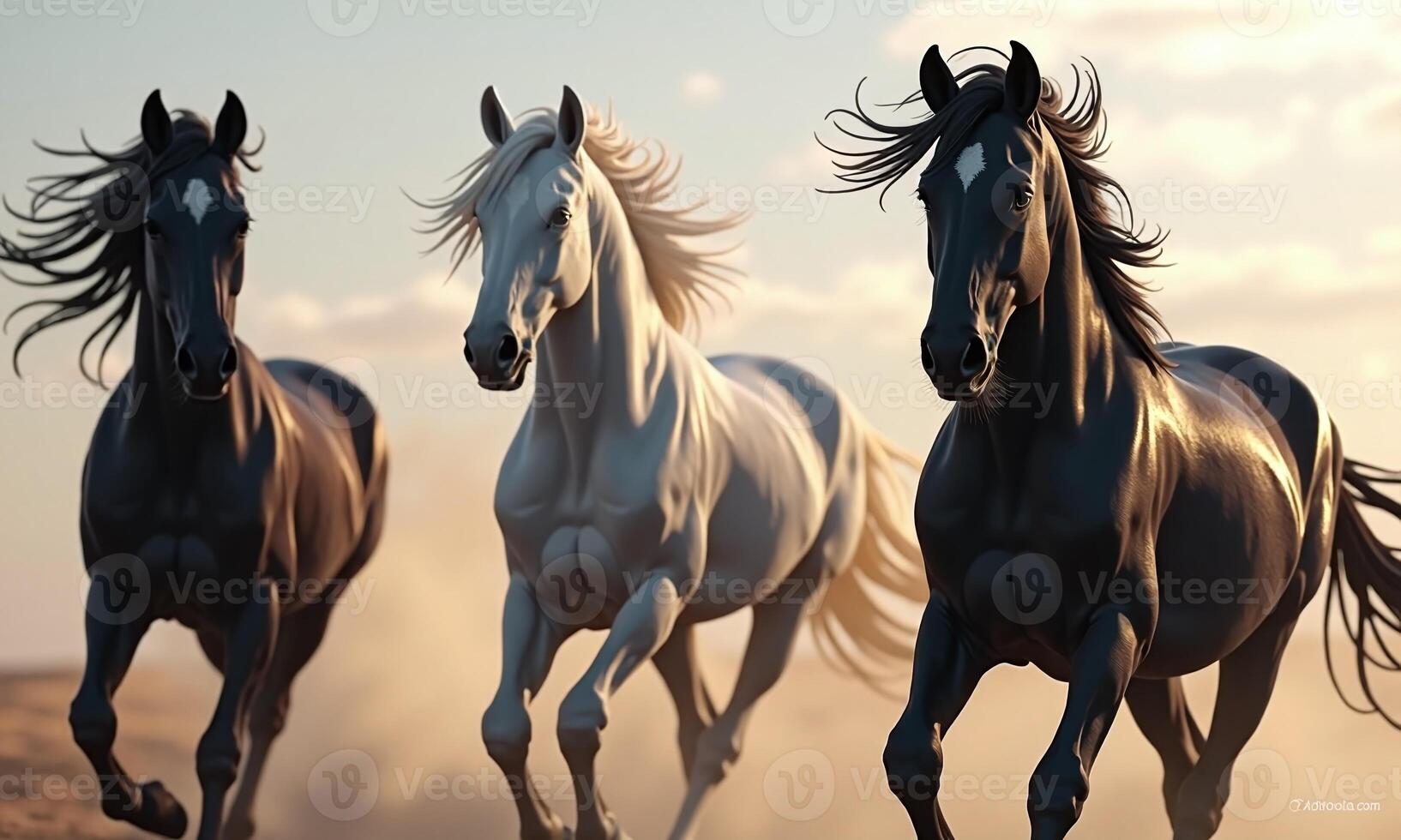 Majestic horses black and white stallions portrait side photo