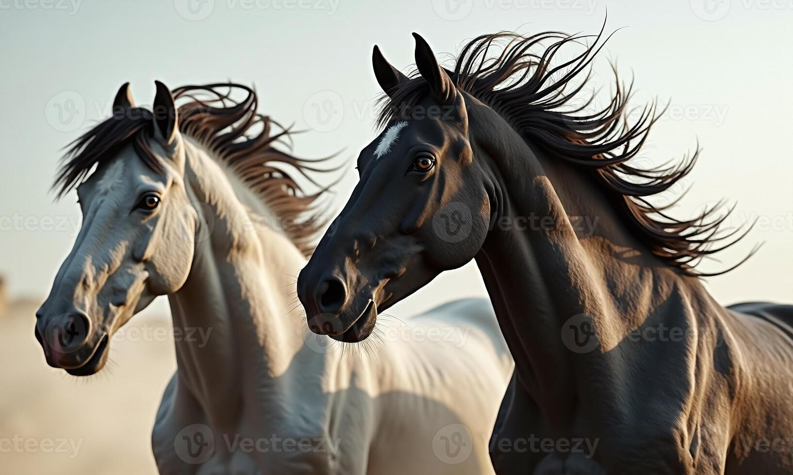 Majestic horses black and white stallions portrait side photo