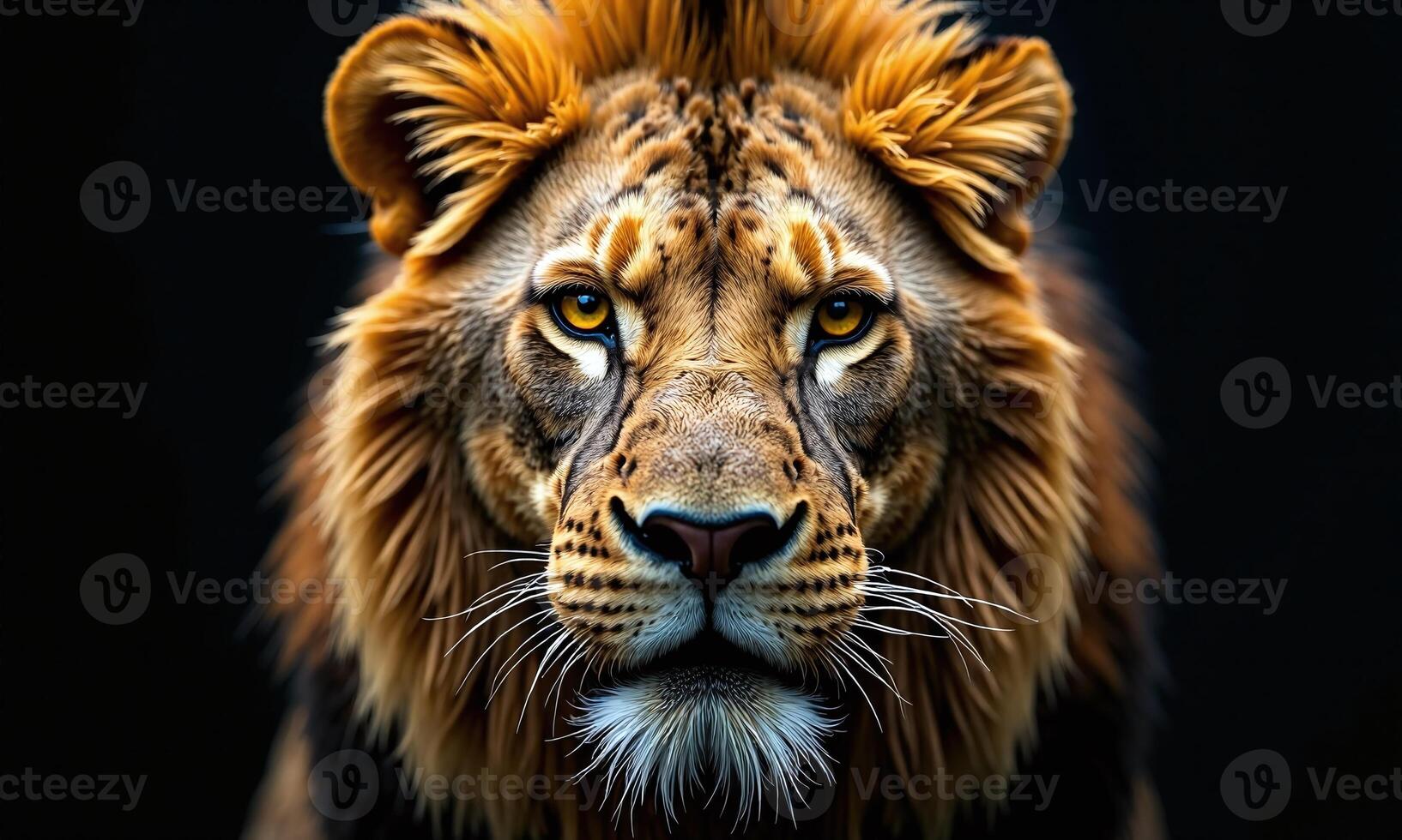 Majestic lion portrait intense golden eyes fierce expression photo