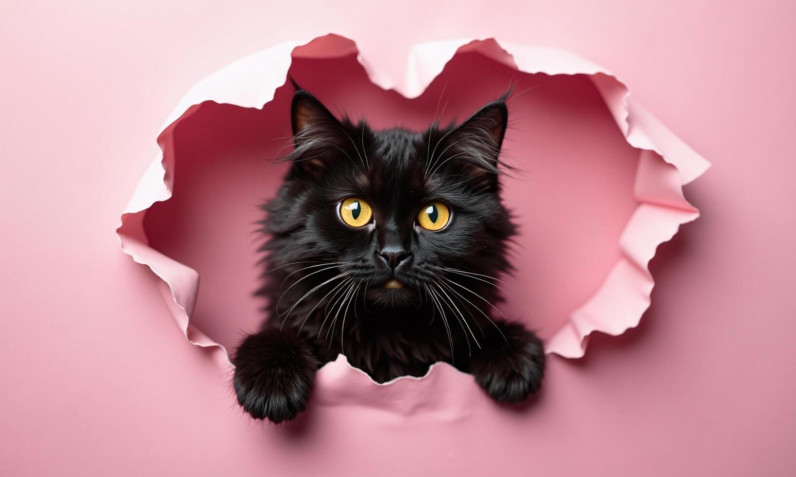 Black cat yellow eyes torn pink paper peeking photo