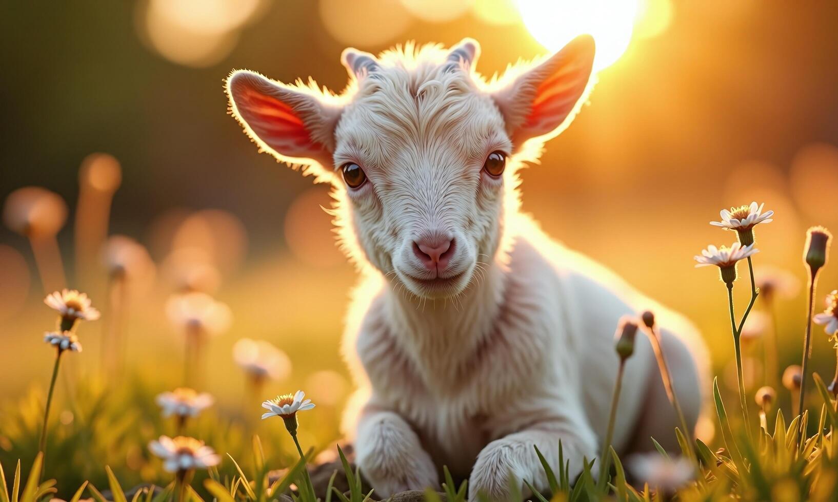 Baby goat golden sunset meadow wildflowers soft focus photo