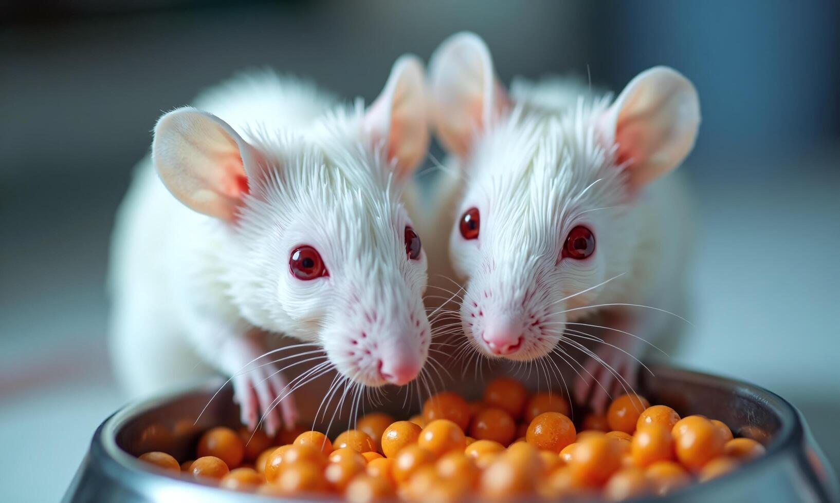 White laboratory mice red eyes eating orange pellets photo