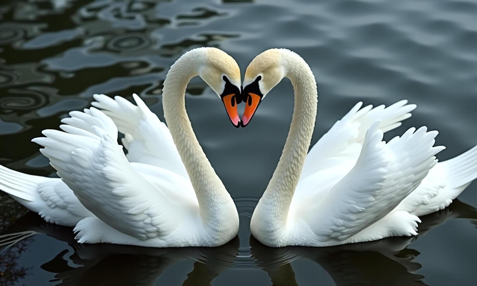 Pair of white swans heart shape symmetrical composition photo