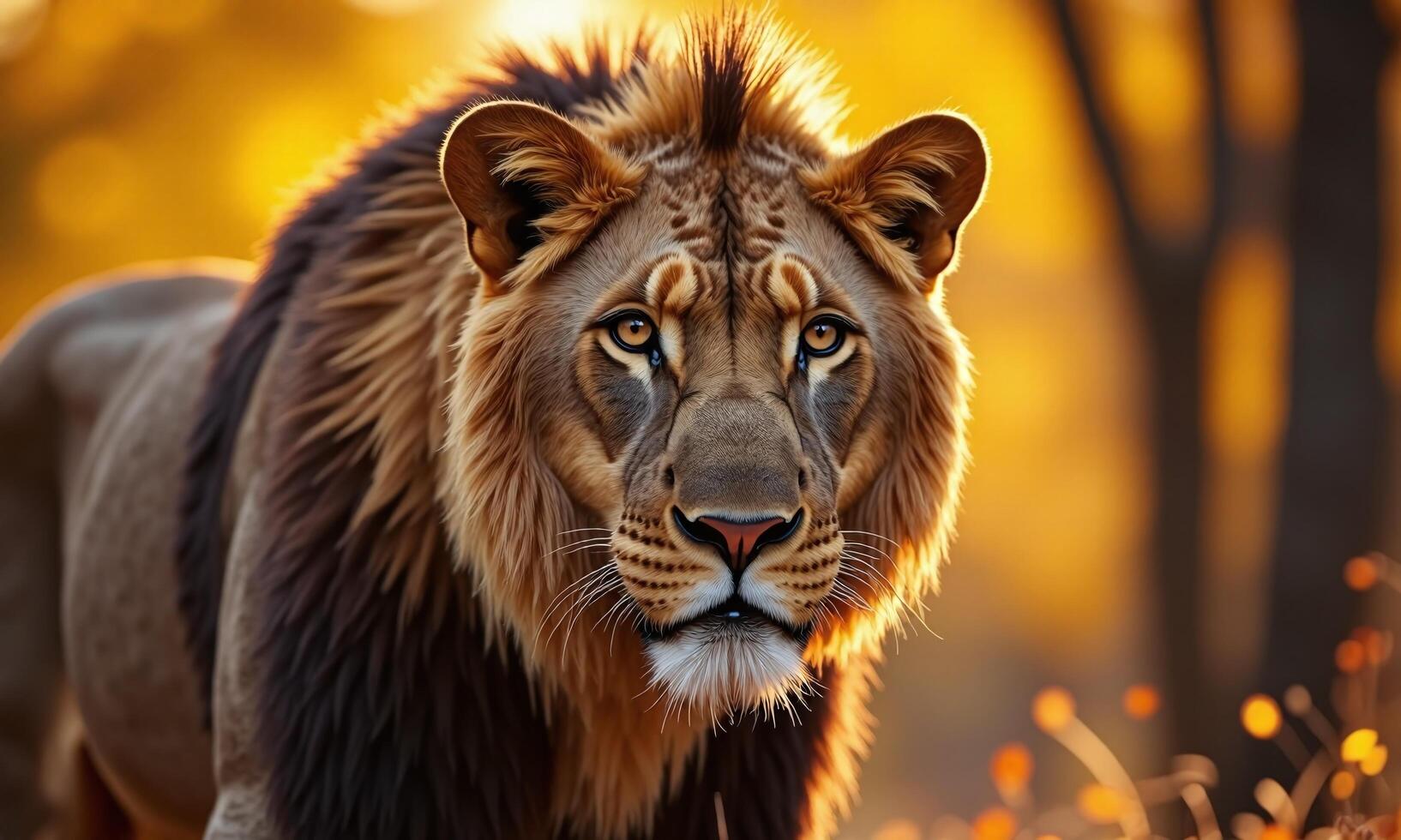 Majestic lion portrait golden hour lighting autumn foliage photo
