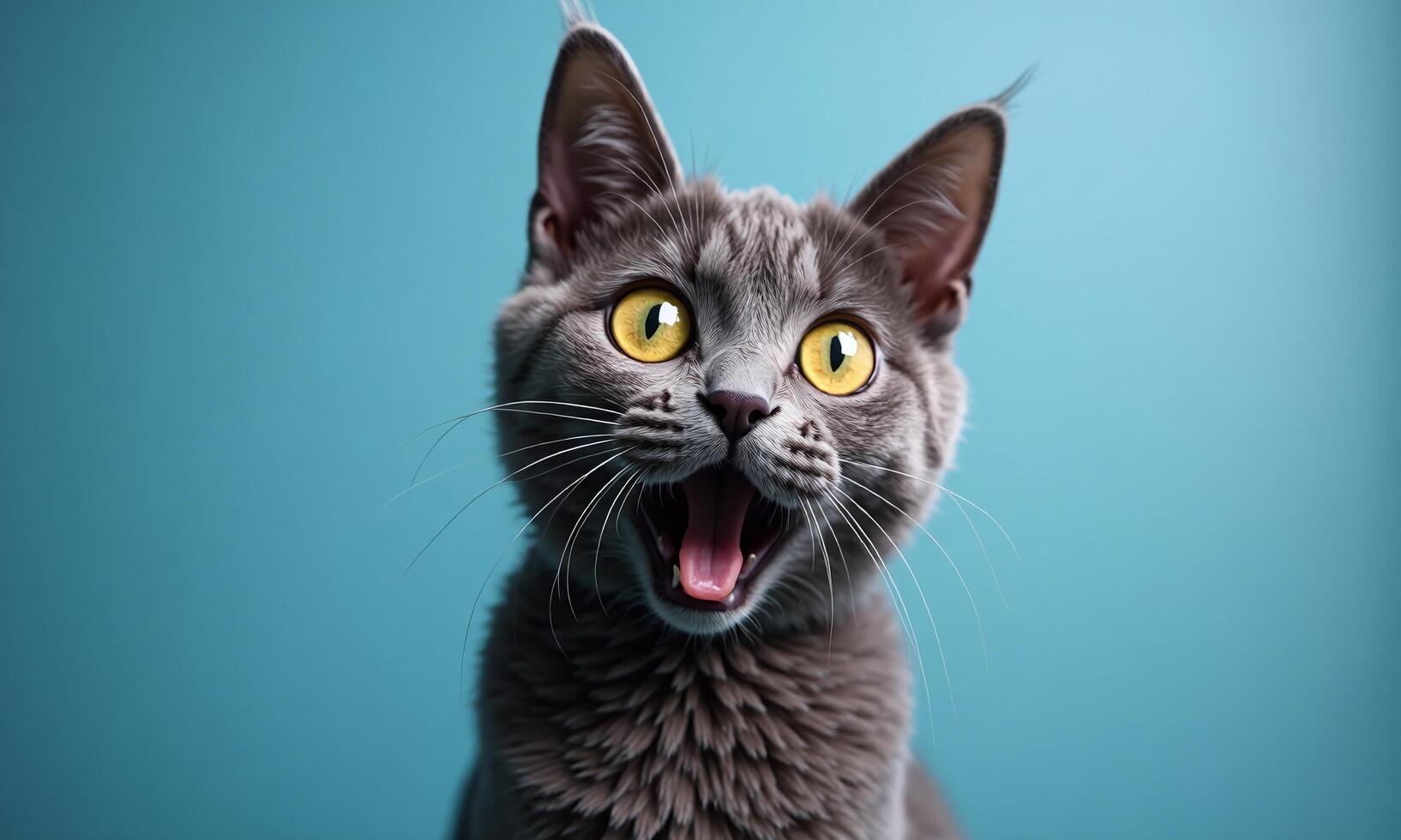 Gray British Shorthair cat surprised expression wide photo