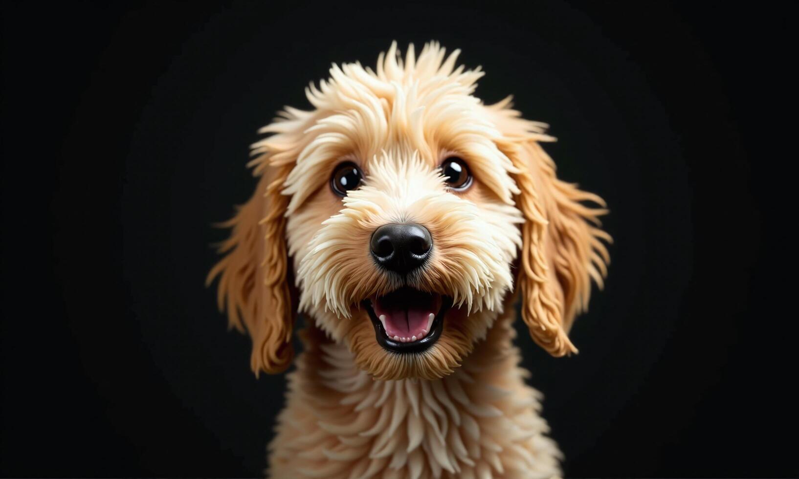 Cute golden doodle dog surprised expression open mouth photo