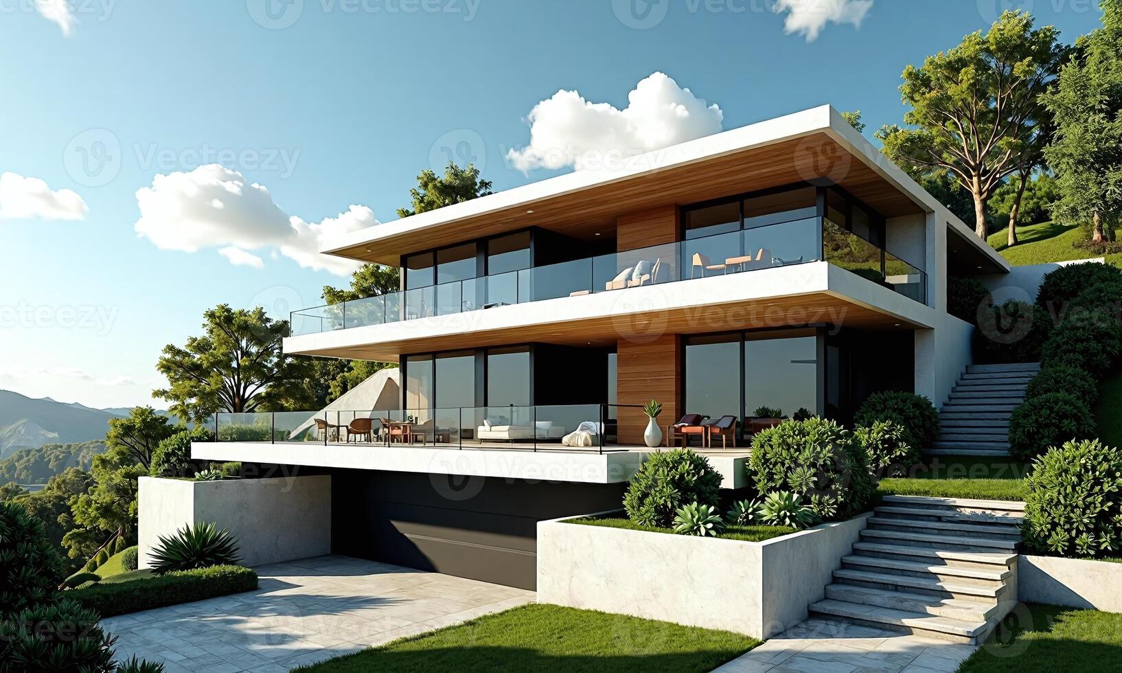 Modern luxury house hillside setting contemporary architecture glass photo
