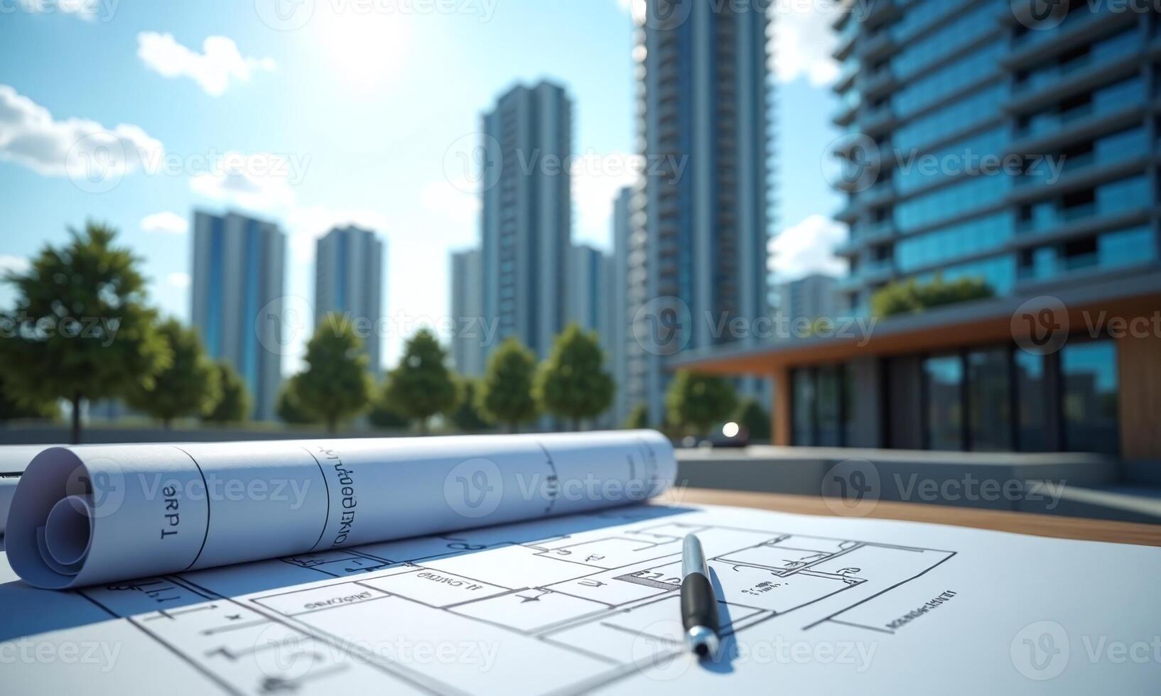 Architecture blueprints rolled plans modern glass building construction photo