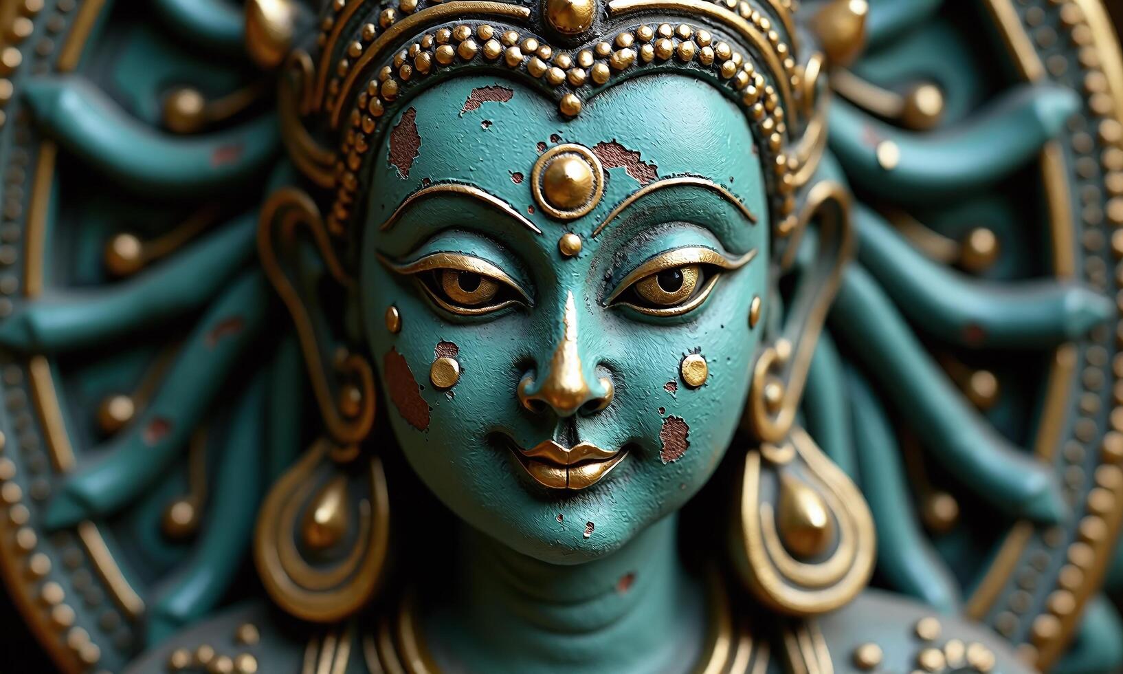 Ancient Hindu deity statue intricate bronze sculpture teal photo