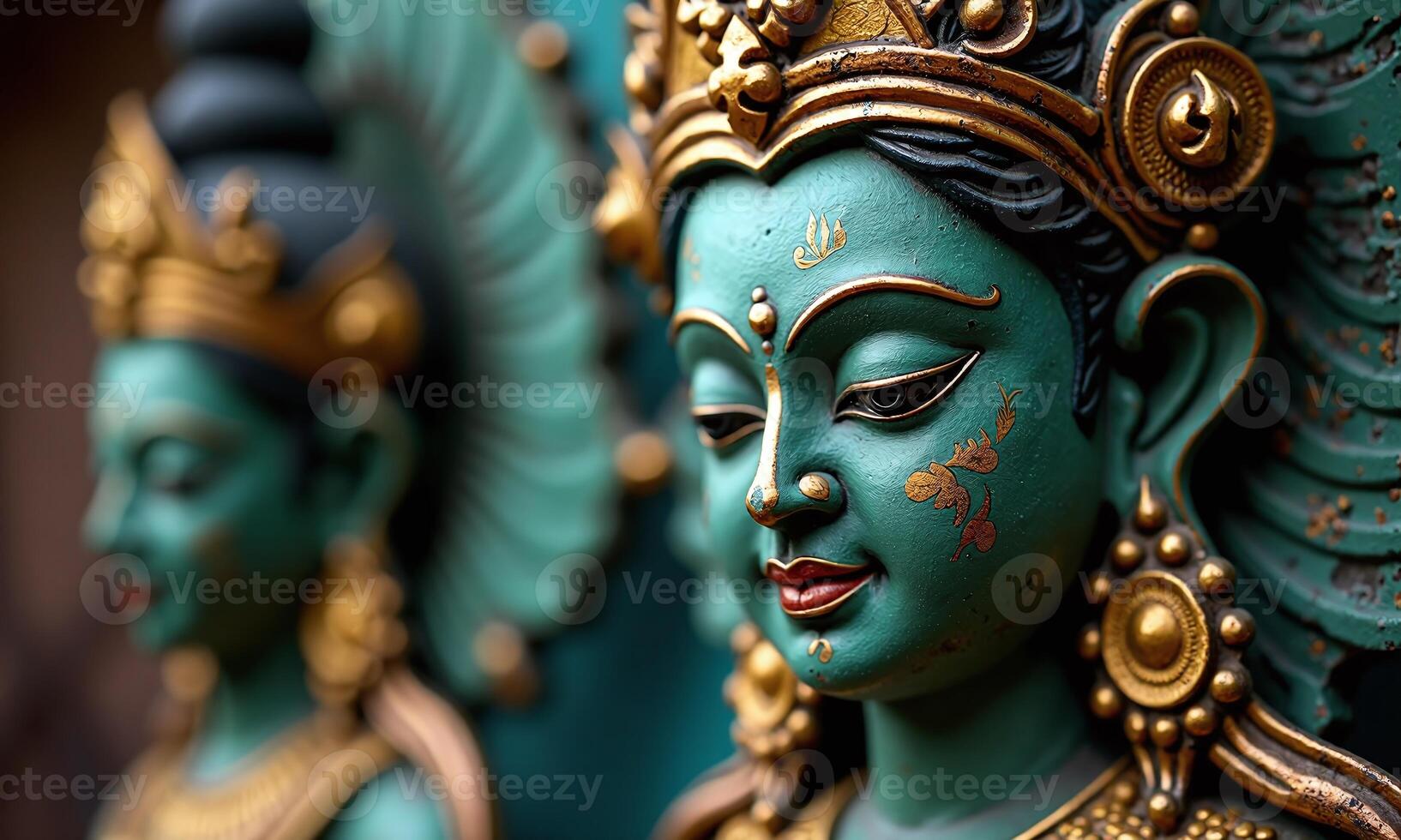 Ancient Hindu deity statue intricate bronze sculpture teal photo