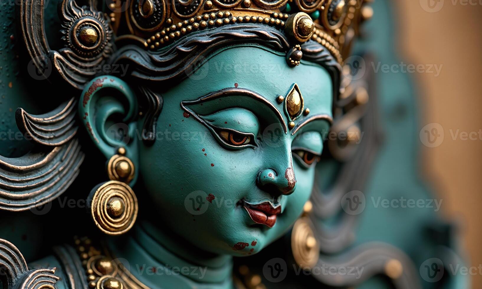Ancient Hindu deity statue intricate bronze sculpture teal photo