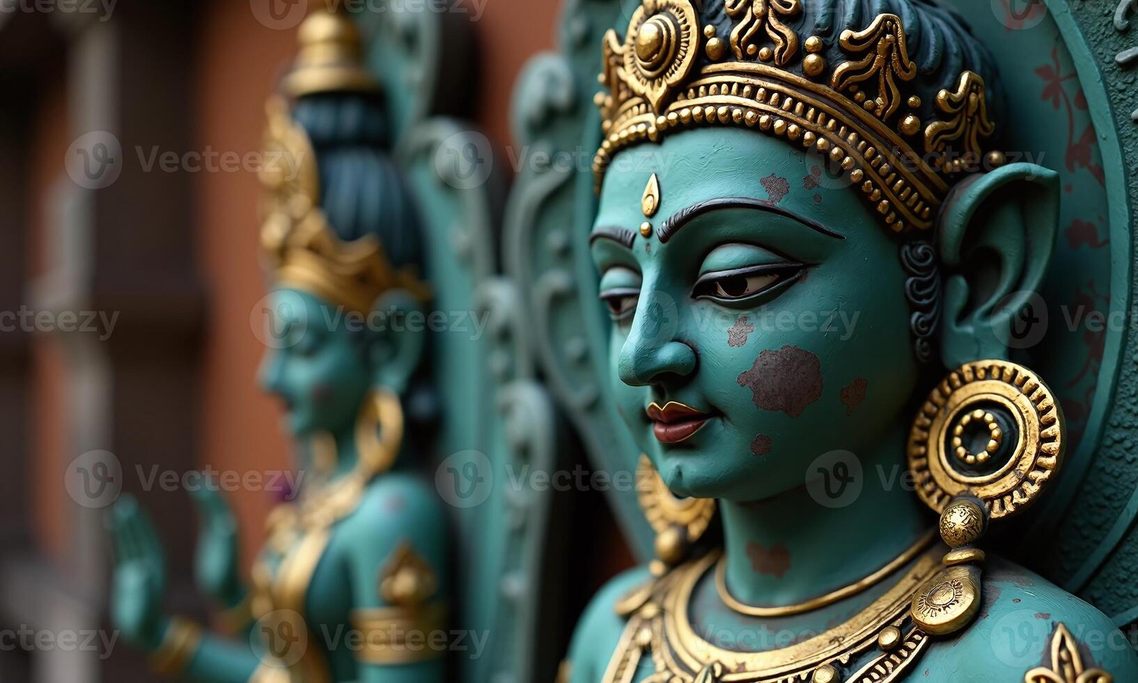 Ancient Hindu deity statue intricate bronze sculpture teal photo