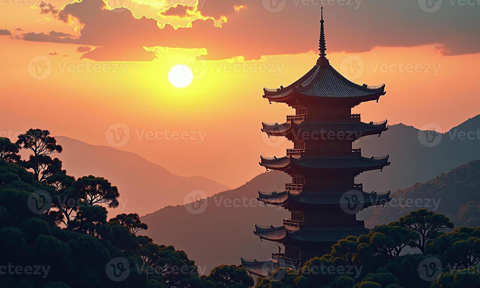 Traditional Chinese pagoda sunset landscape silhouetted trees golden photo