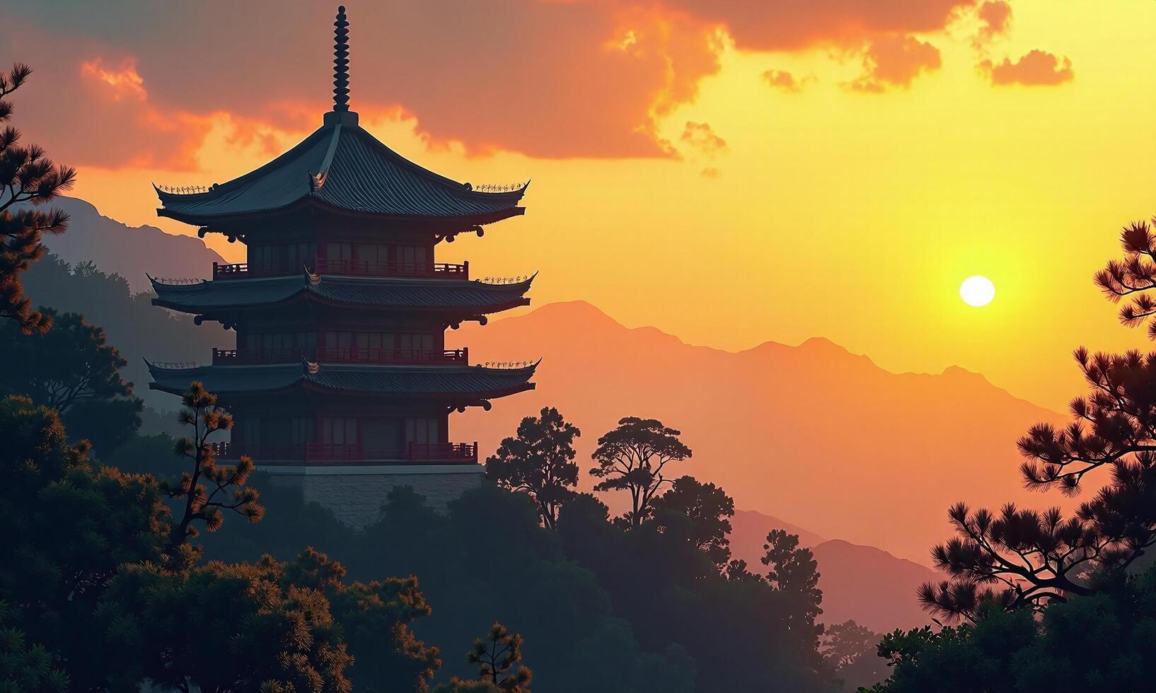 Traditional Chinese pagoda sunset landscape silhouetted trees golden photo