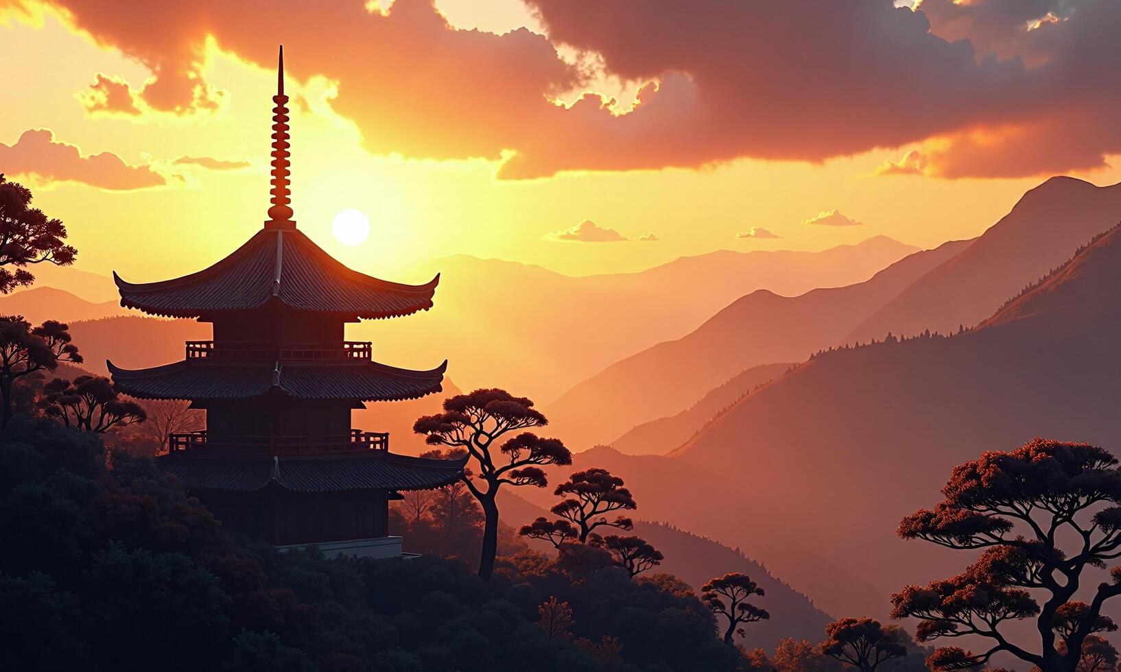 Traditional Chinese pagoda sunset landscape silhouetted trees golden photo