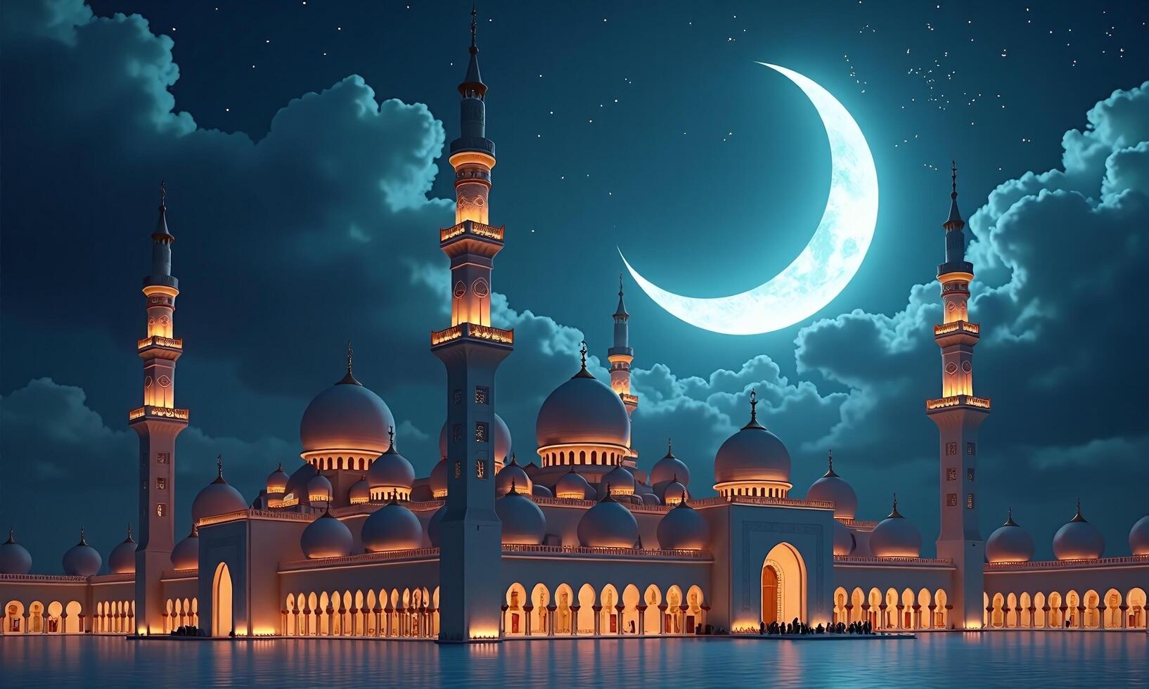 Majestic mosque crescent moon night sky stars illuminated photo
