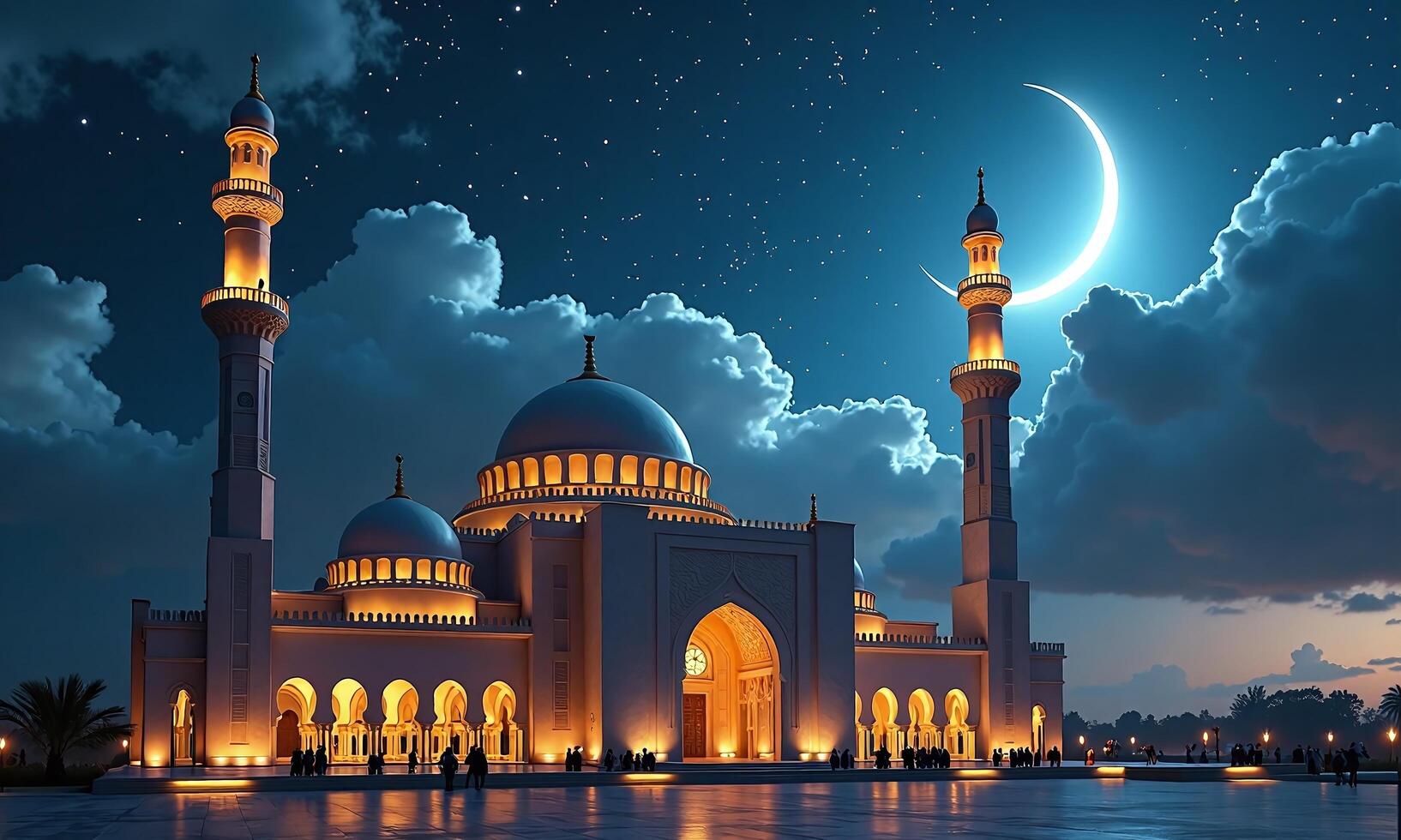 Majestic mosque crescent moon night sky stars illuminated photo