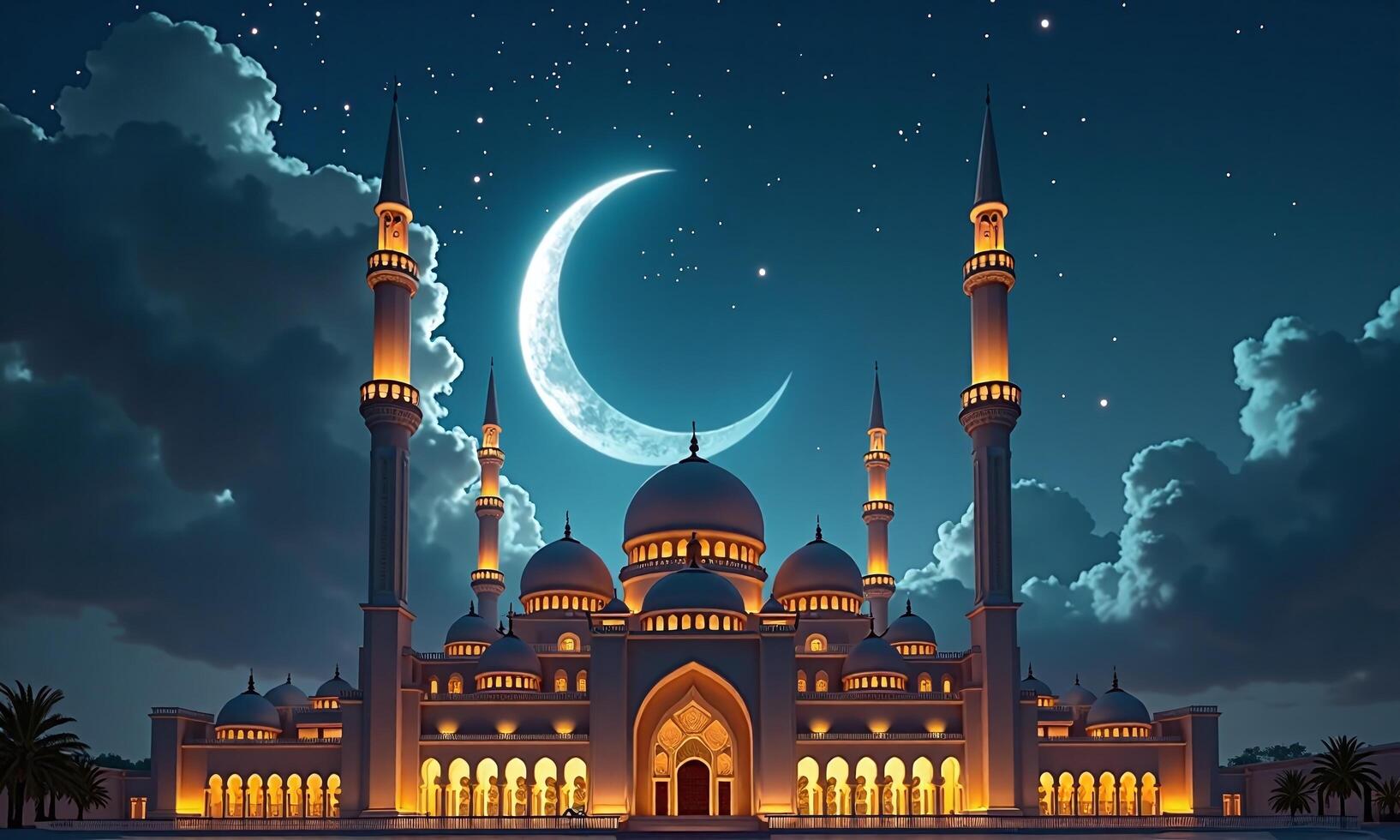 Majestic mosque crescent moon night sky stars illuminated photo