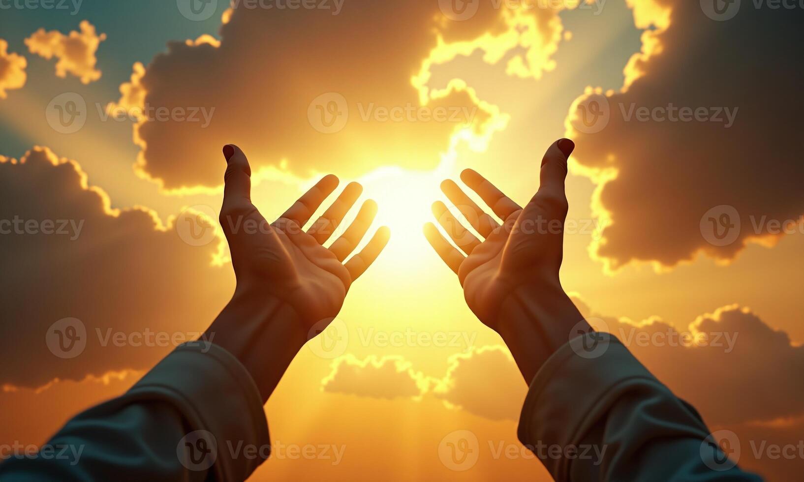 Outstretched hands reaching towards heavenly light dramatic cloudy photo