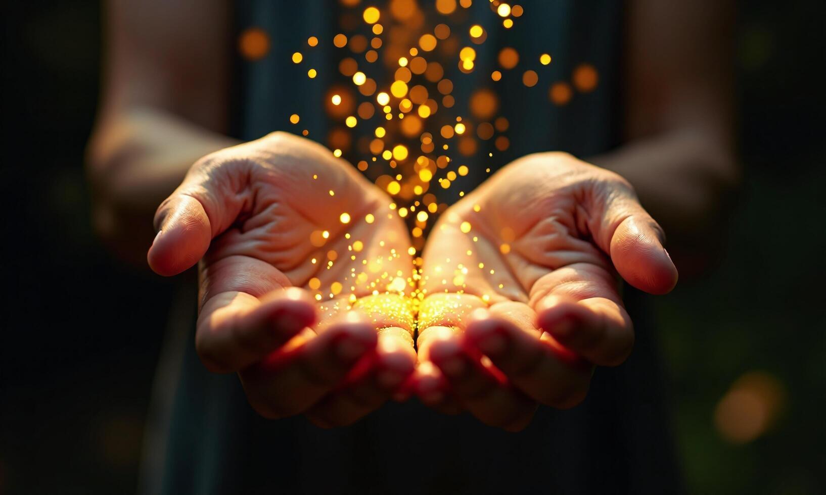Outstretched hands magical golden dust ethereal light dark photo