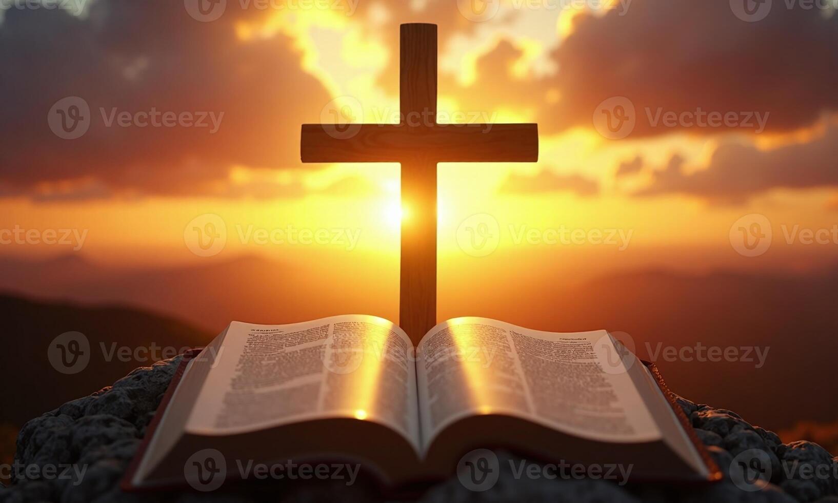 Cross silhouette open Bible golden sunset spiritual symbolism photo