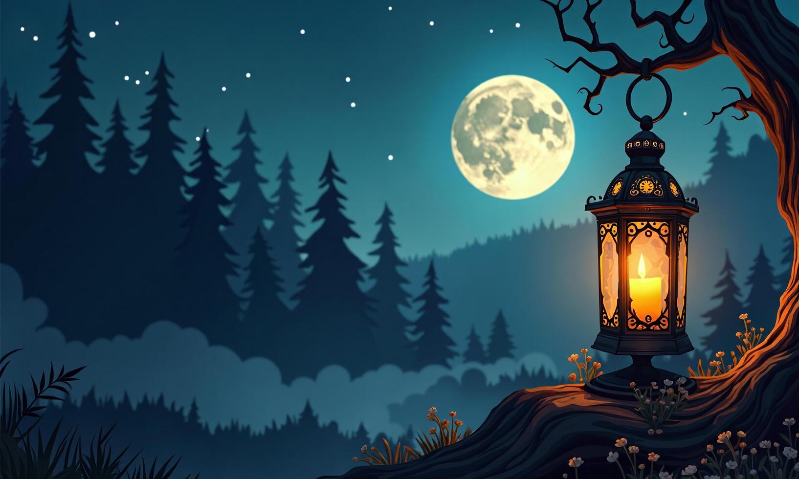 Mystical lantern full moon night sky starry background photo
