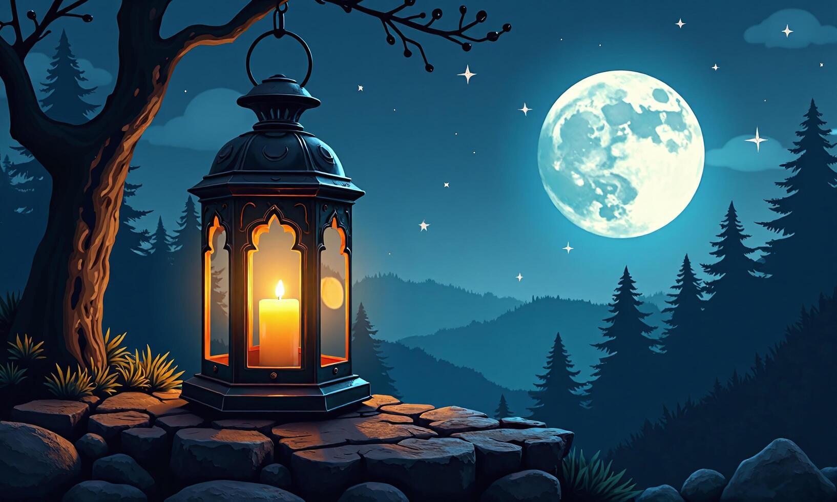 Mystical lantern full moon night sky starry background photo