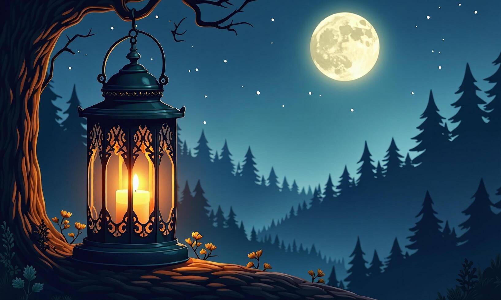 Mystical lantern full moon night sky starry background photo