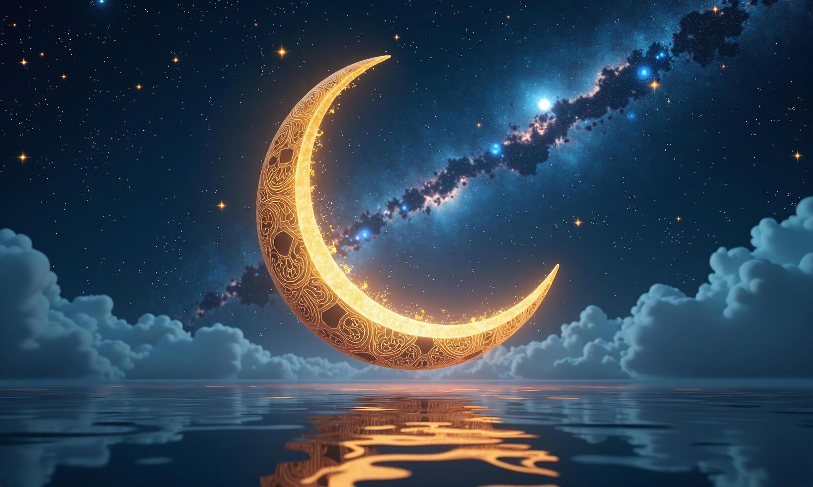 Celestial night sky crescent moon with intricate golden photo