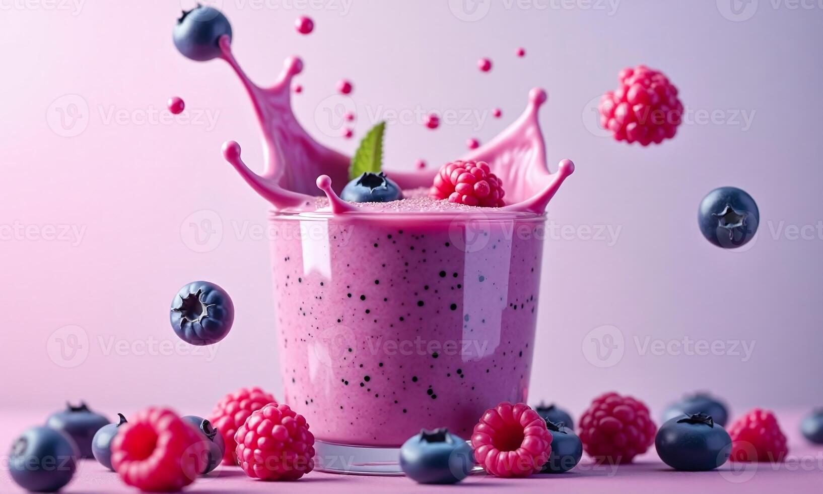 Vibrant berry smoothie splash Blueberries and raspberries Creamy photo