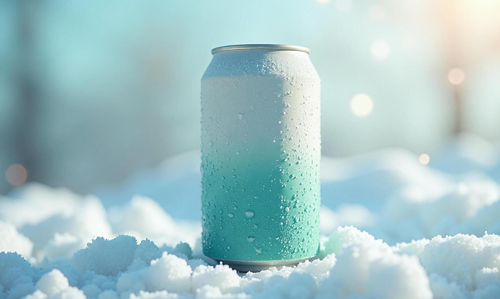 Cold beverage can condensation droplets frosty background soft photo