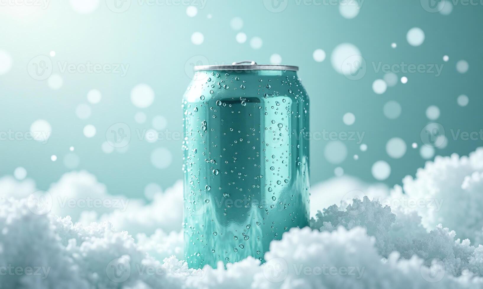 Cold beverage can condensation droplets frosty background soft photo