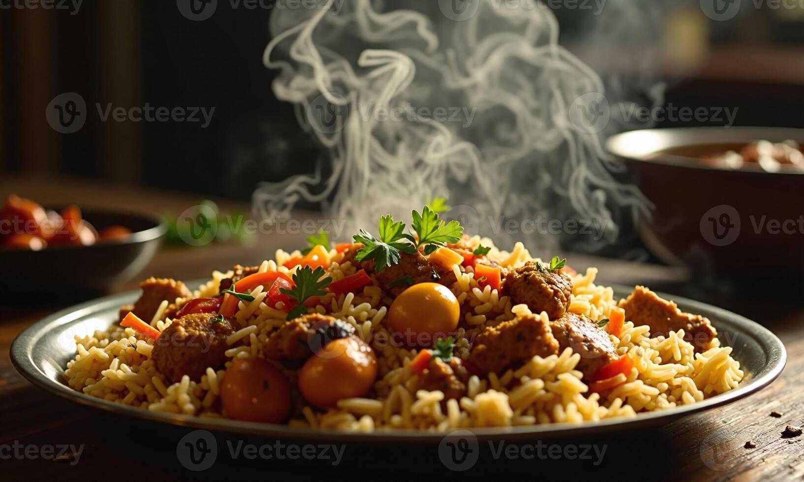 Steaming hot biryani aromatic basmati rice tender meat photo