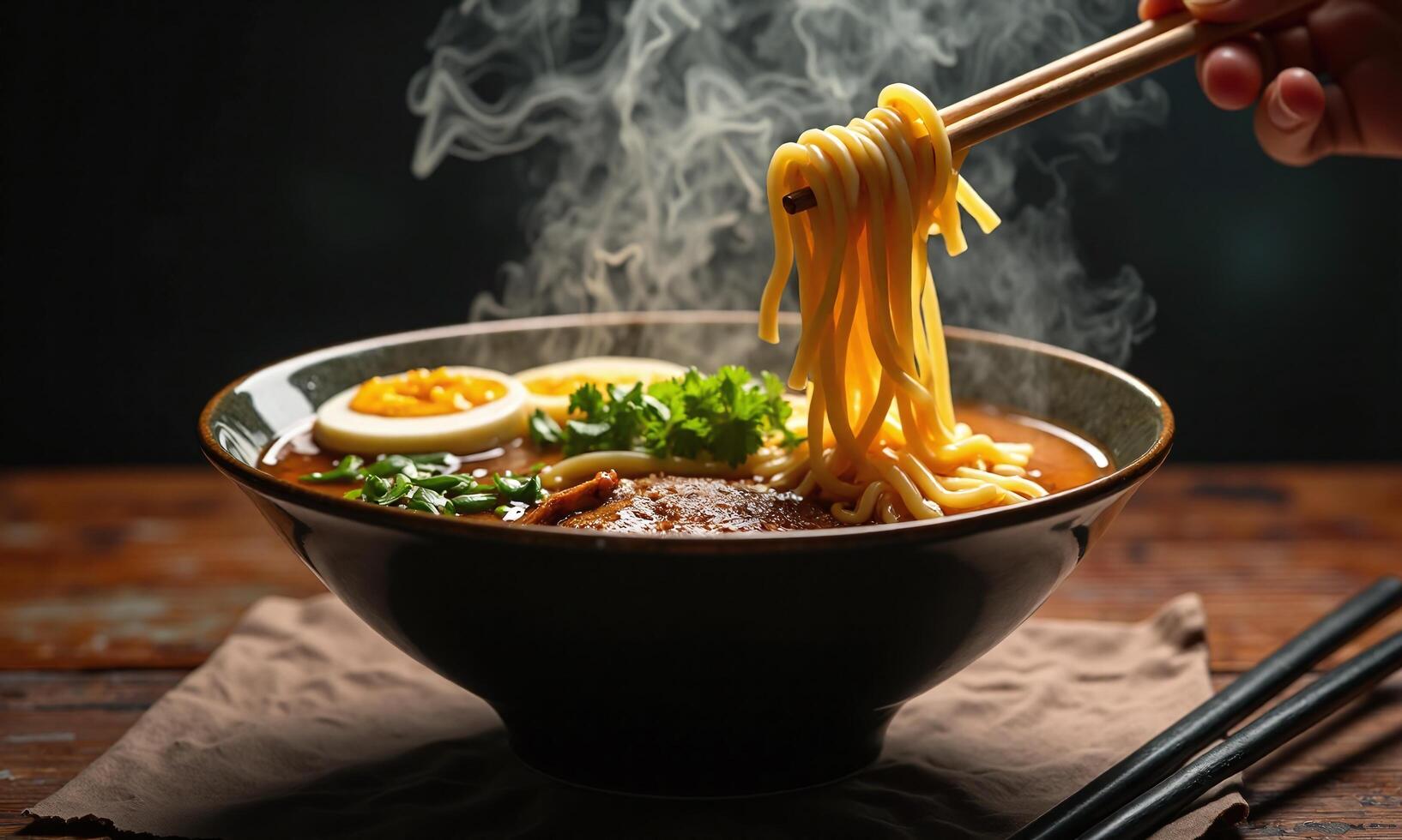 Steaming bowl of ramen rich broth curly noodles photo