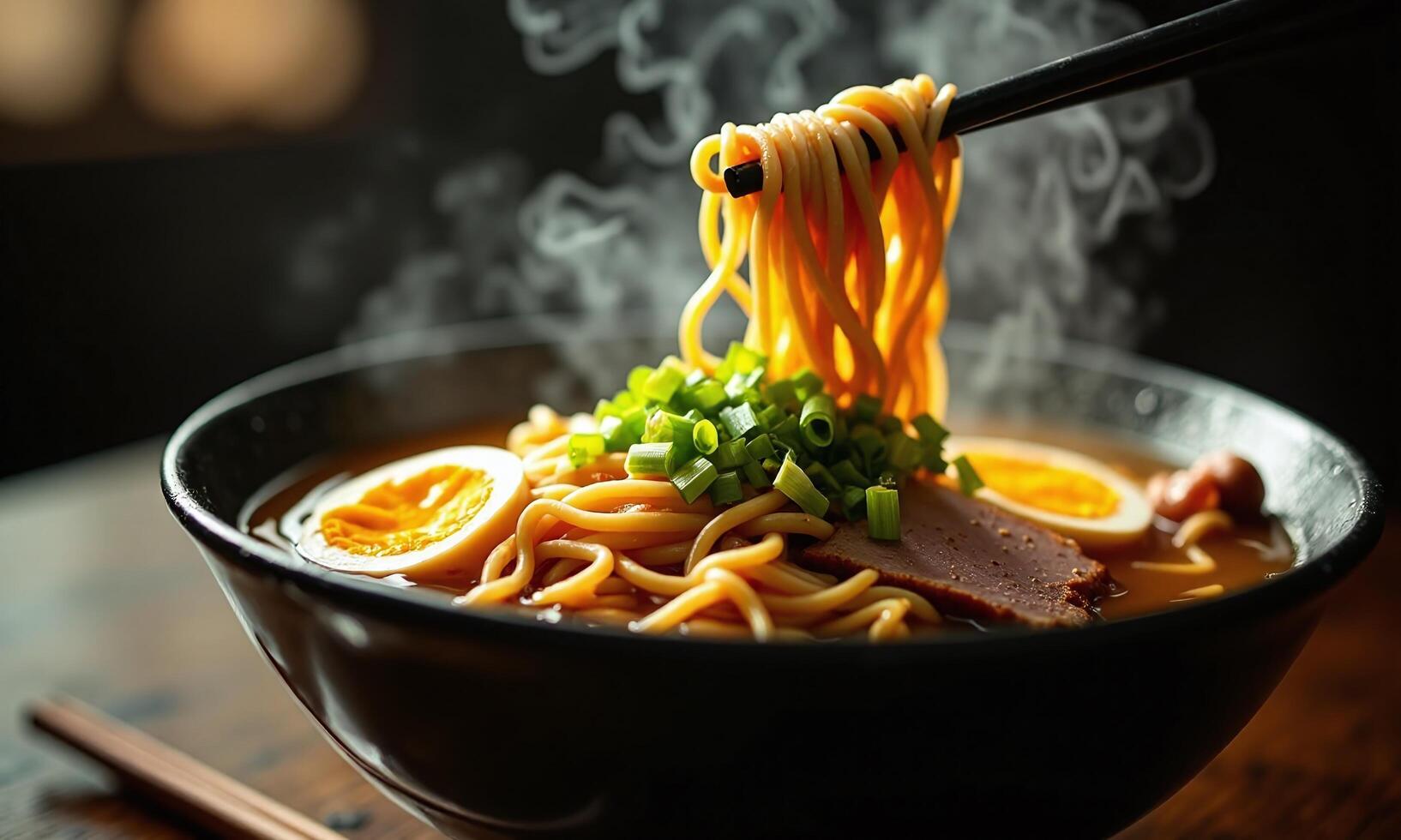 Steaming bowl of ramen rich broth curly noodles photo