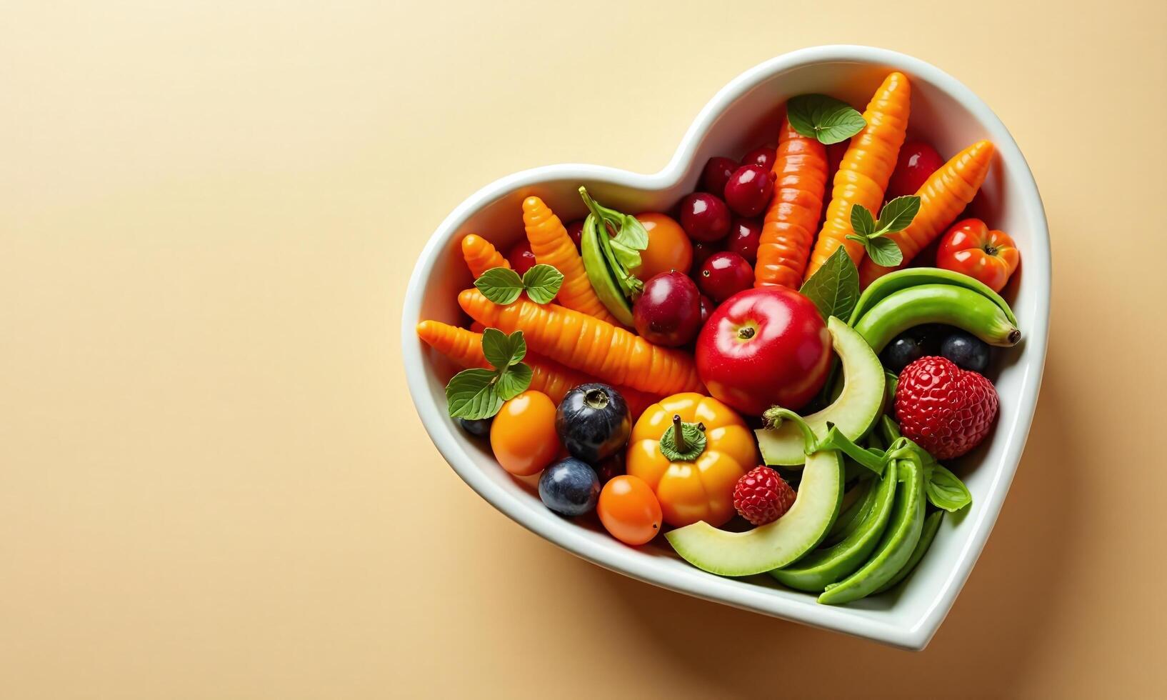 Heart shaped bowl colorful vegetables and fruits healthy photo