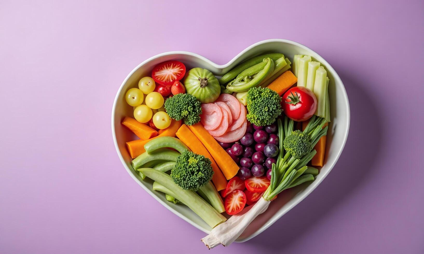 Heart shaped bowl colorful vegetables and fruits healthy photo