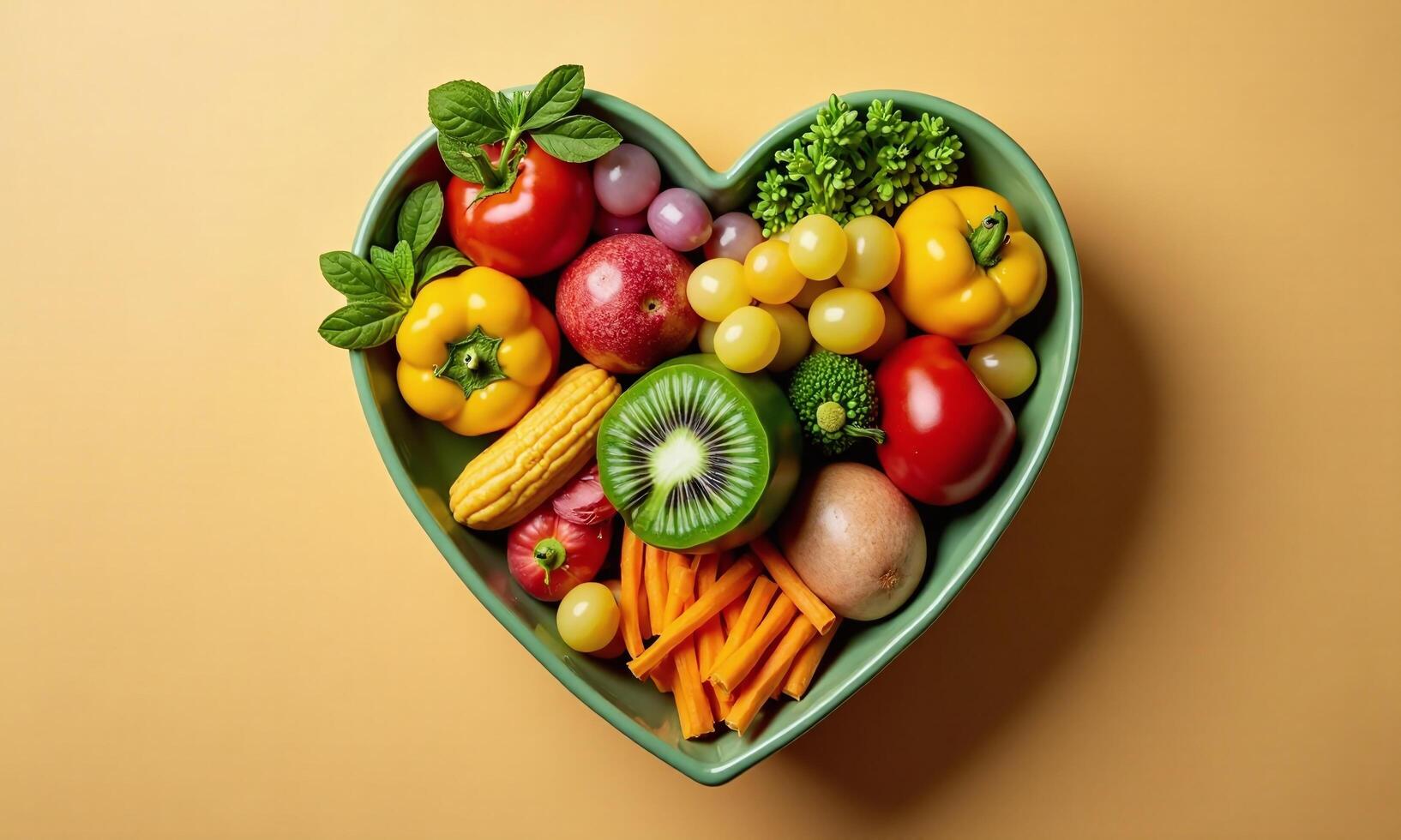 Heart shaped bowl colorful vegetables and fruits healthy photo