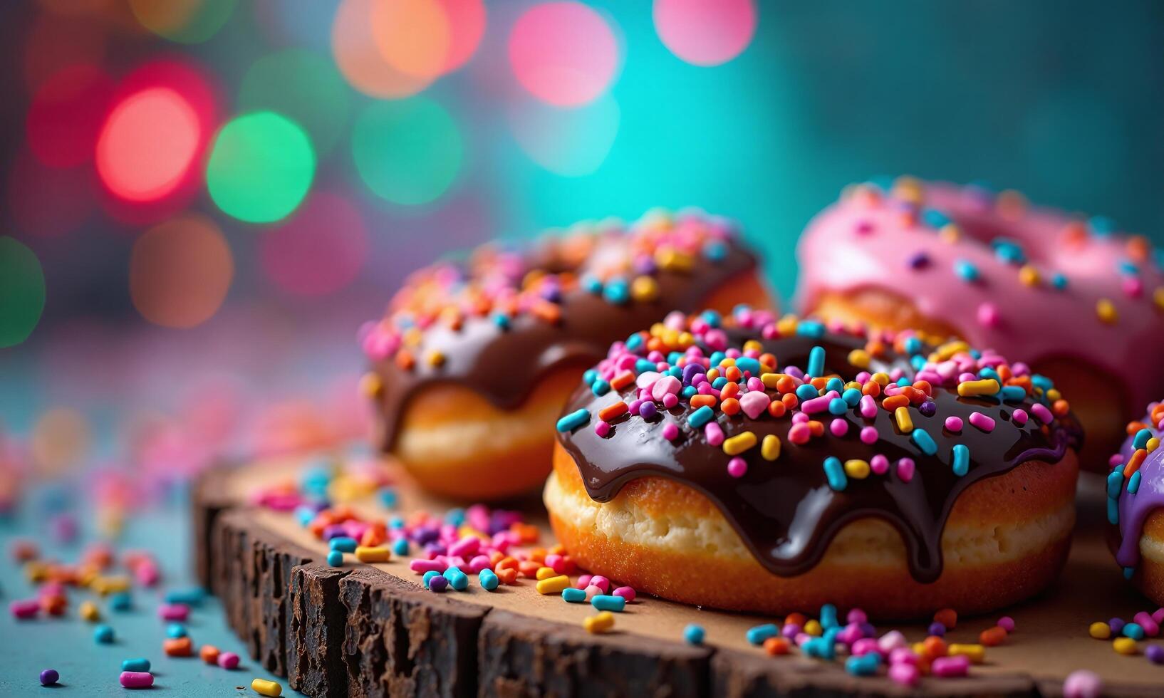 Colorful assorted donuts sprinkles chocolate glaze vanilla frosting photo