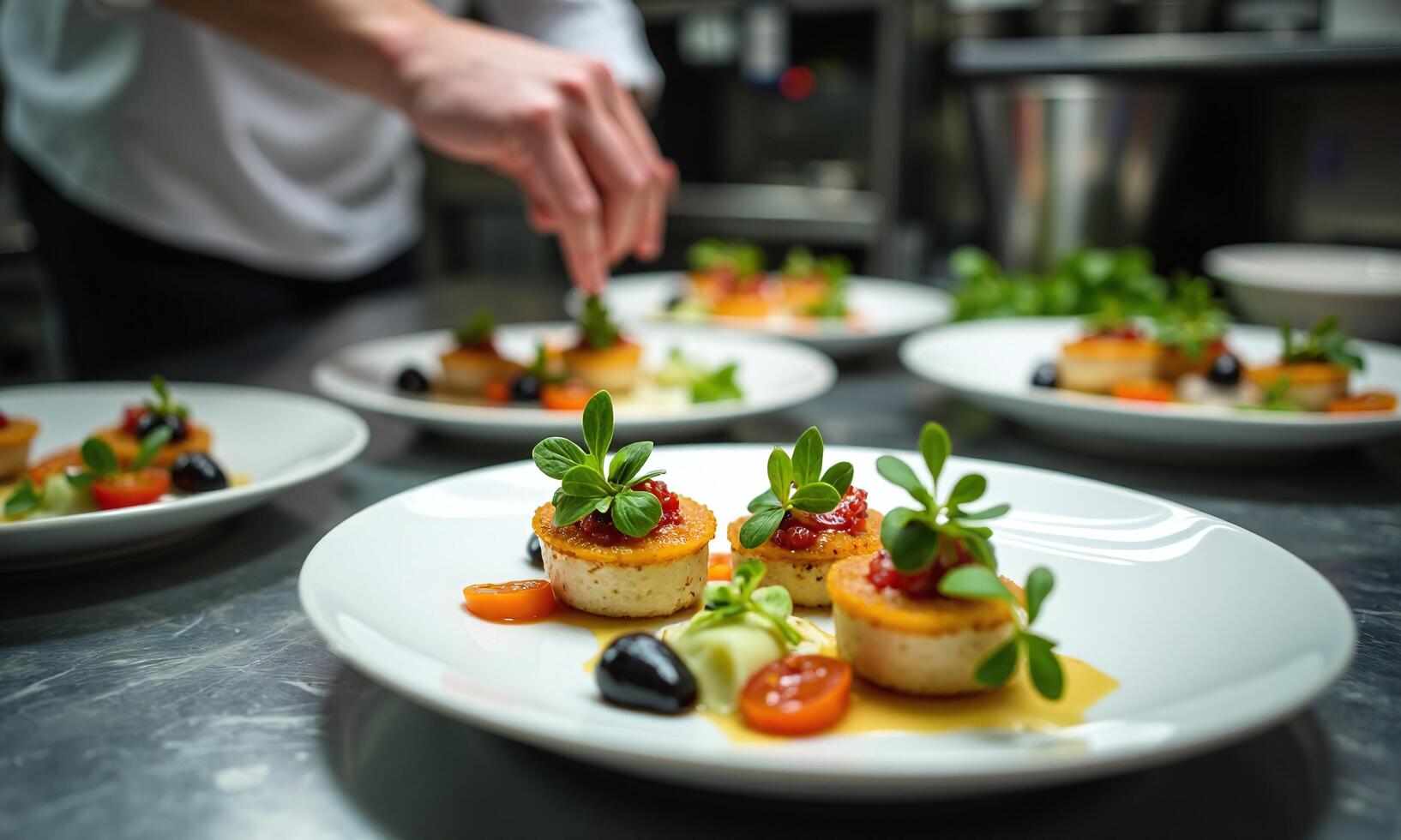 Fine dining gourmet appetizers elegant plating restaurant kitchen photo