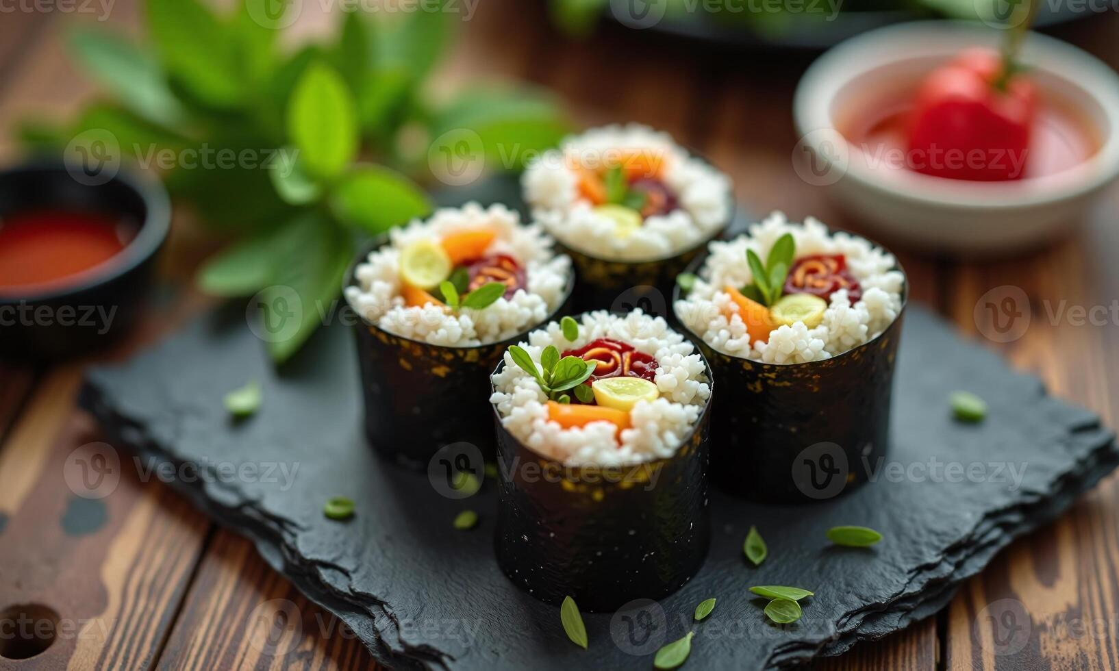 Vegetarian sushi rolls colorful vegetable filling nori seaweed photo