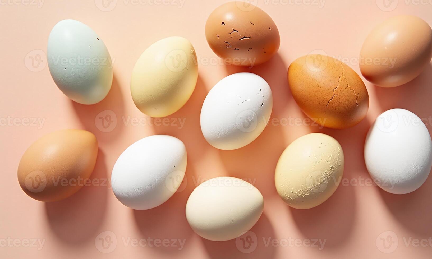 Assorted eggs Various colors and textures Peach background photo