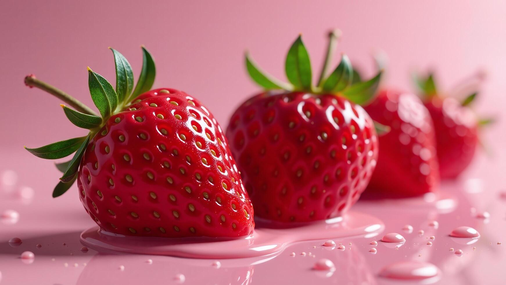Hyper realistic strawberries glistening water droplets pink liquid photo