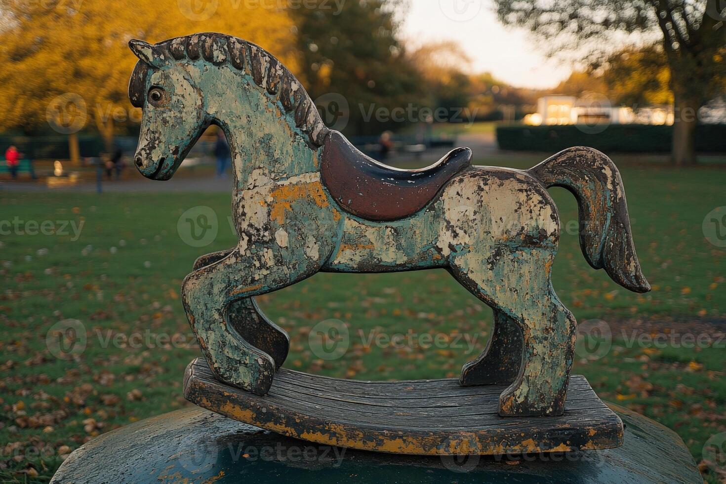 A weathered rocking horse sits on a grassy area in a park, surrounded by fallen leaves. People walk in the background, enjoying the crisp autumn weather and scenic surroundings. photo