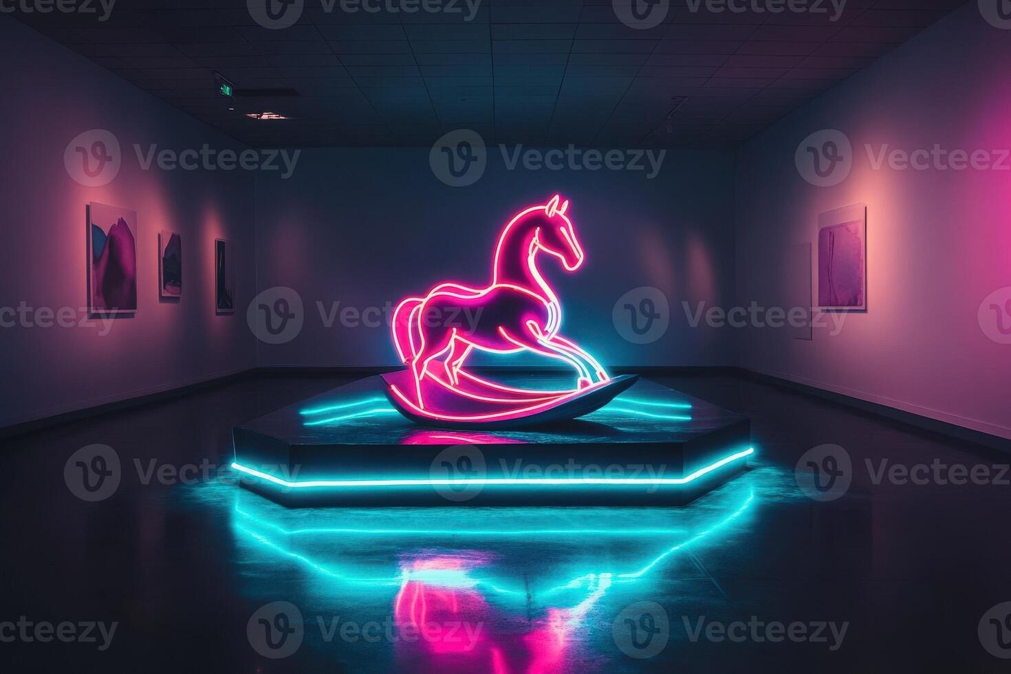 A vibrant neon horse sculpture stands at the center of a contemporary art gallery. The glowing colors create a striking visual effect against the minimalist walls and floor, illuminating the space. photo