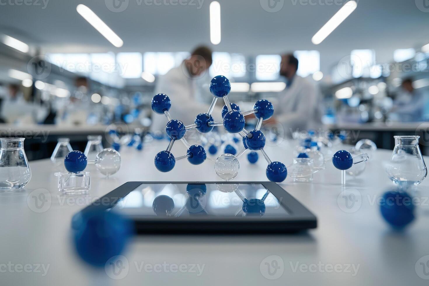 Researchers in white lab coats analyze molecular models in a contemporary lab, surrounded by glassware and digital devices. The room features bright lighting and an innovative atmosphere. photo