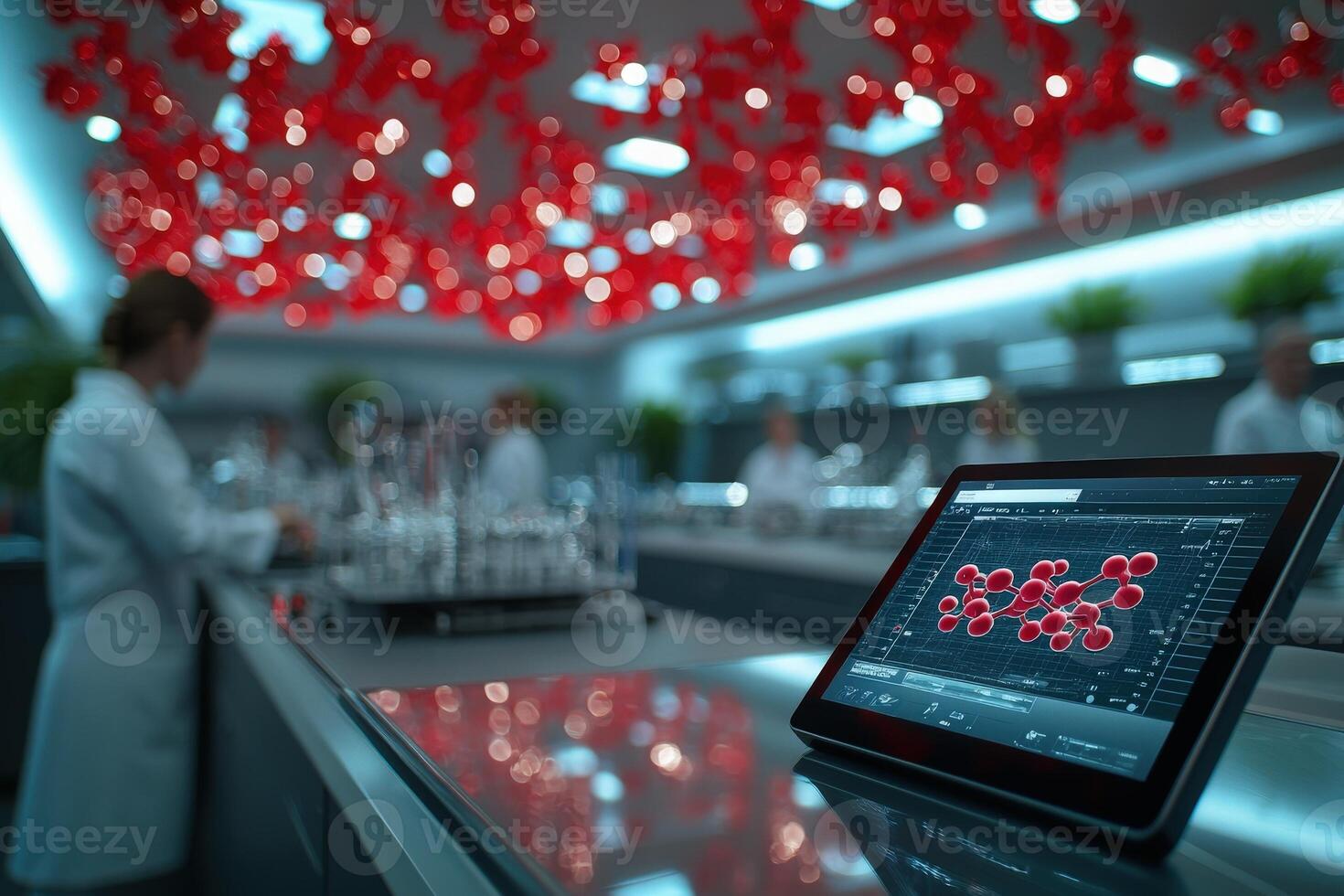 A research team works diligently in a high-tech laboratory, surrounded by an array of glass equipment. Bright red lighting creates a striking atmosphere as they analyze data on a tablet. photo