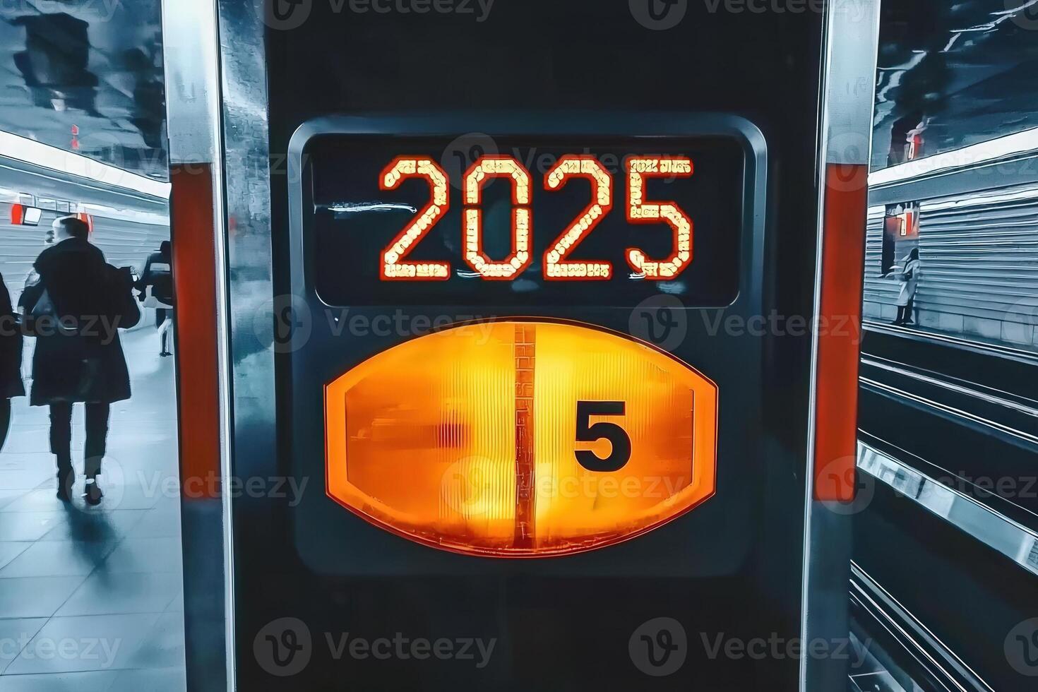 A prominent countdown display at a subway station shows the year 2025 and platform number 5. Commuters move in the background, waiting for their train on a busy travel day. photo