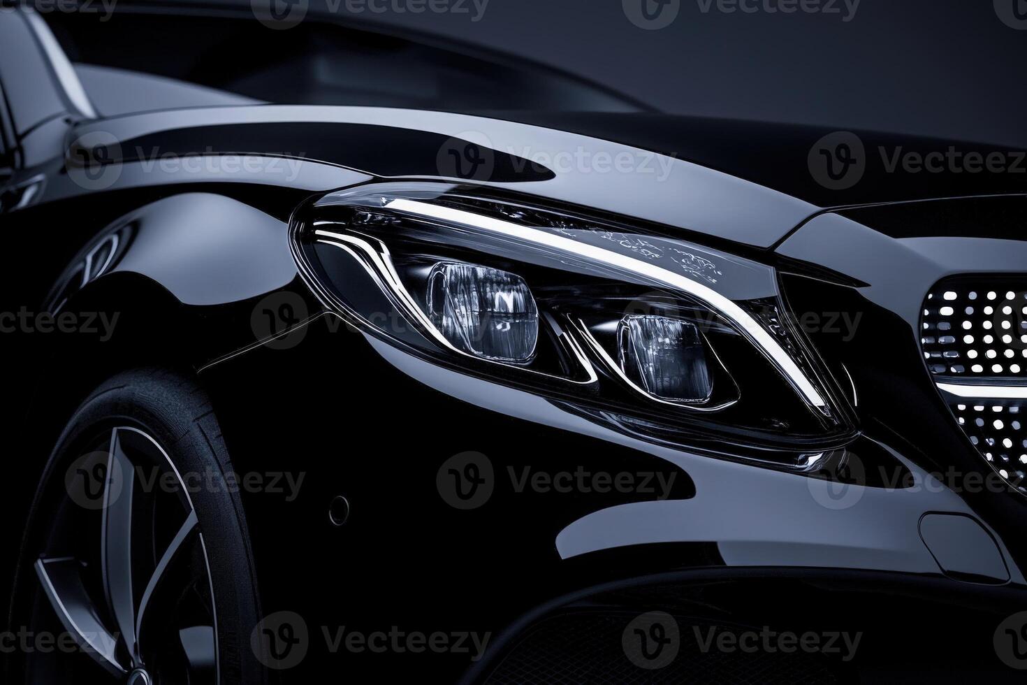 A black luxury car is showcased in a studio setting, emphasizing its modern design and sleek contours. The intricate details of the headlights shine prominently, creating an alluring aesthetic. photo