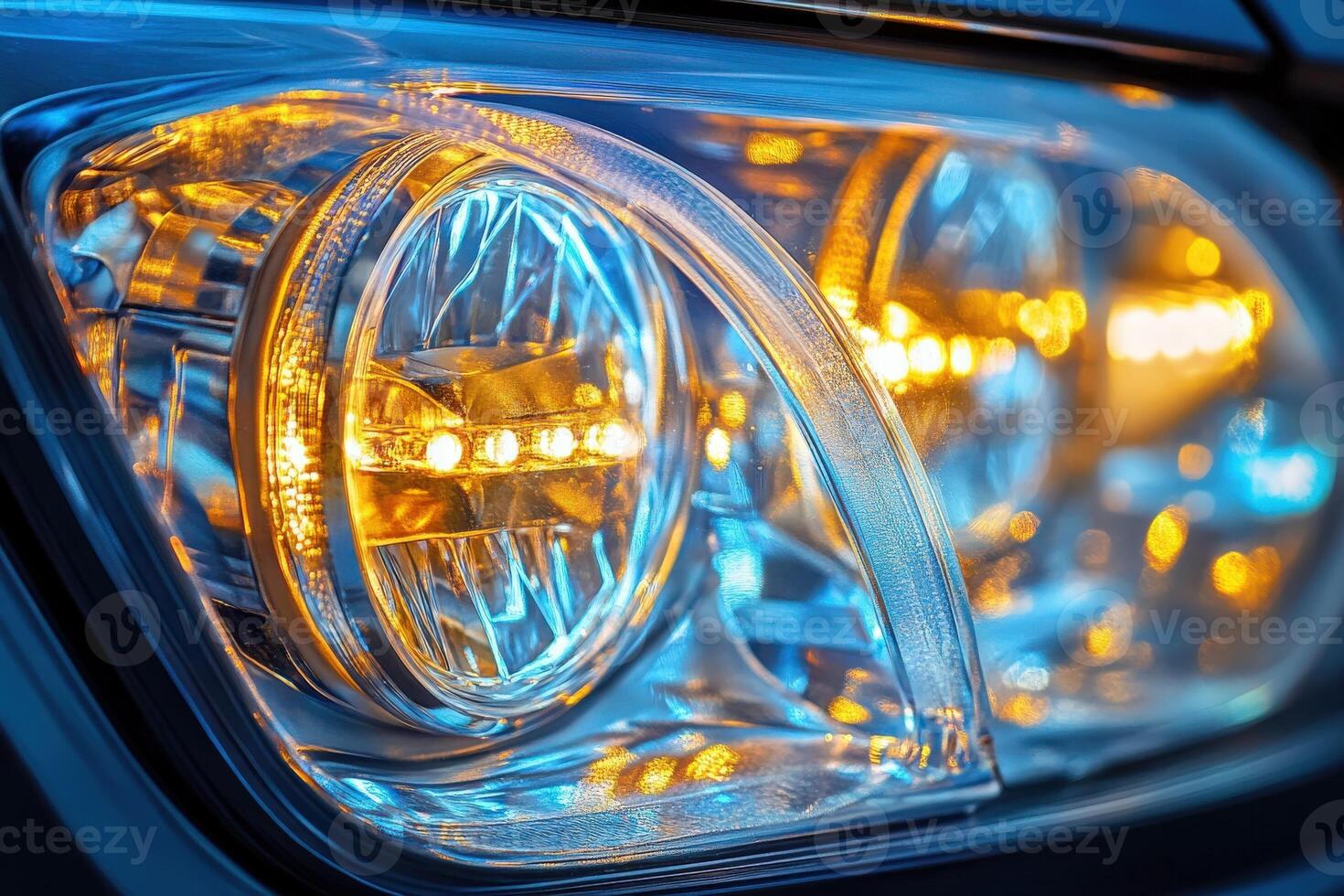 The photo showcases a modern car headlight illuminated at twilight, highlighting the sleek design and advanced LED technology. The warm glow contrasts with the cooler background lighting.